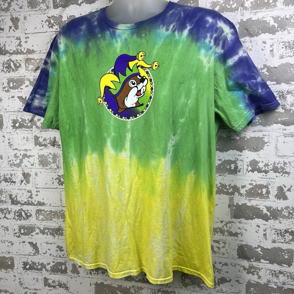 Buc-ee's Peace Love Mardi Gras T Shirt XL Tie Dye Blue Green Yellow New Orleans - Picture 2 of 12